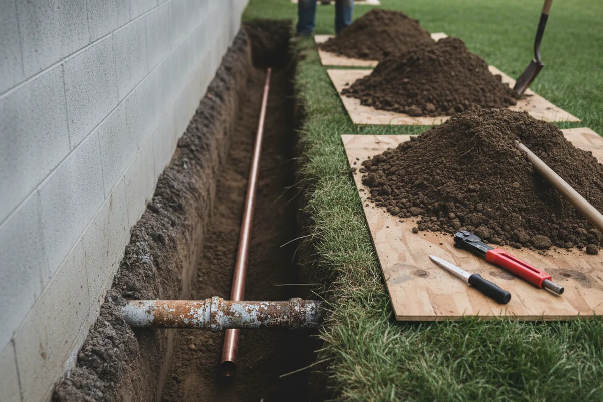 Excavated water line trench during Water Softener Installation in Coolville